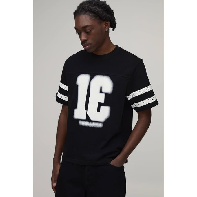 Regular Boxy Fit Gewassen Varsity Print Paneel T-shirt | Black | Size Large