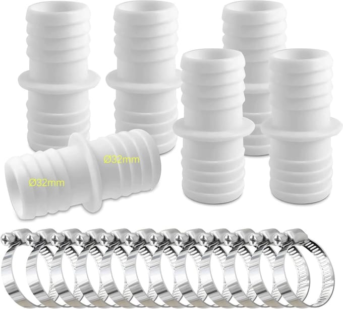 6 stuks, 32 mm, set met 12 slangklemmen, zwembadslang, adapter, dubbele slangtuit