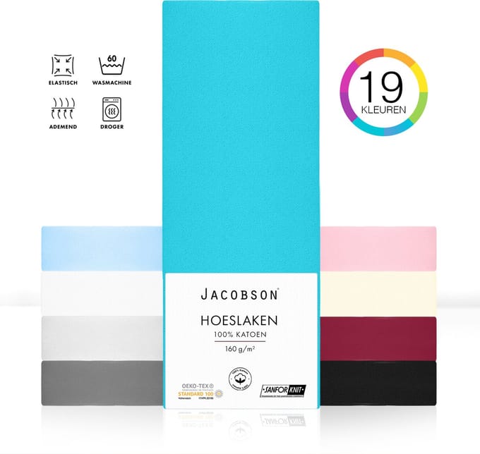 Jacobson - Hoeslaken Topper – 100% Jersey Katoen – 180x200 cm – Turquoise