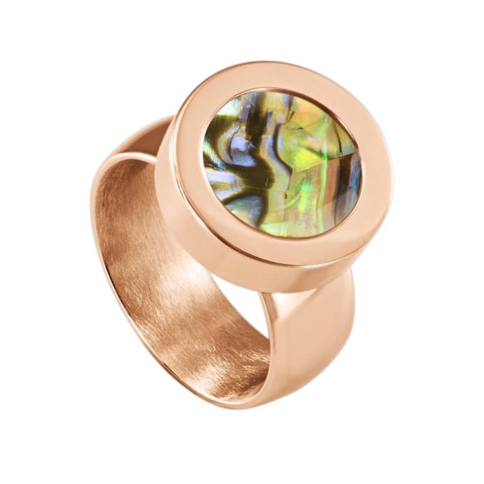 Quiges RVS Schroefsysteem Ring Rosékleurig Glans 19mm met Verwisselbare Multi Groen Schelp 12mm Mini Munt
