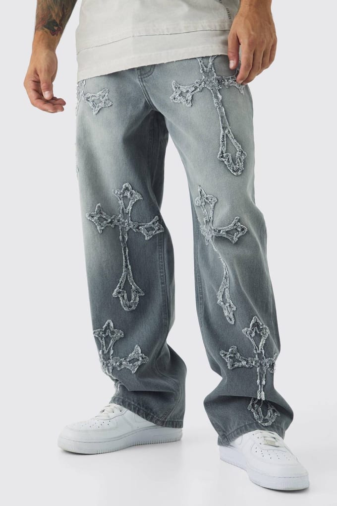 Baggy Rigid Washed Grey Cross Applique Jeans | Light Grey | Size 30R
