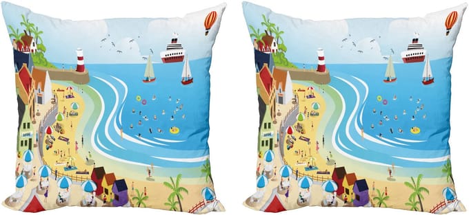 ABAKUHAUS Strandkussensloopset (2 stuks), Vakantiebestemming 45 cm, Blauw Geel