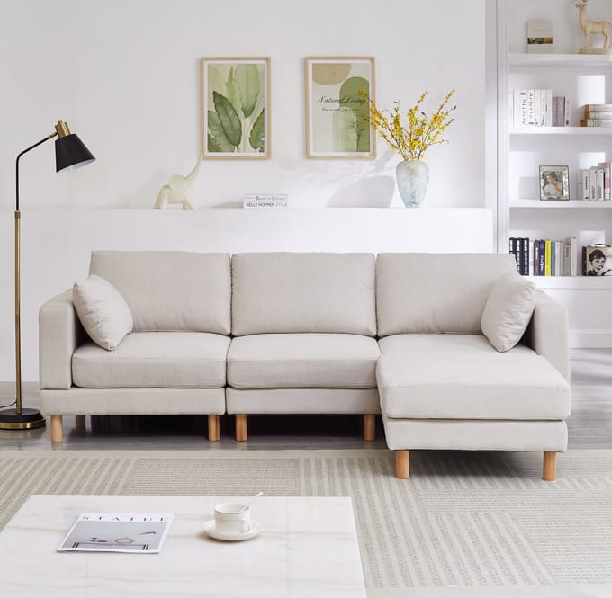MODFU Hoekbank - 3-Zits Met Hocker - L-Vormig - Scandinavisch - Polyester - Beige