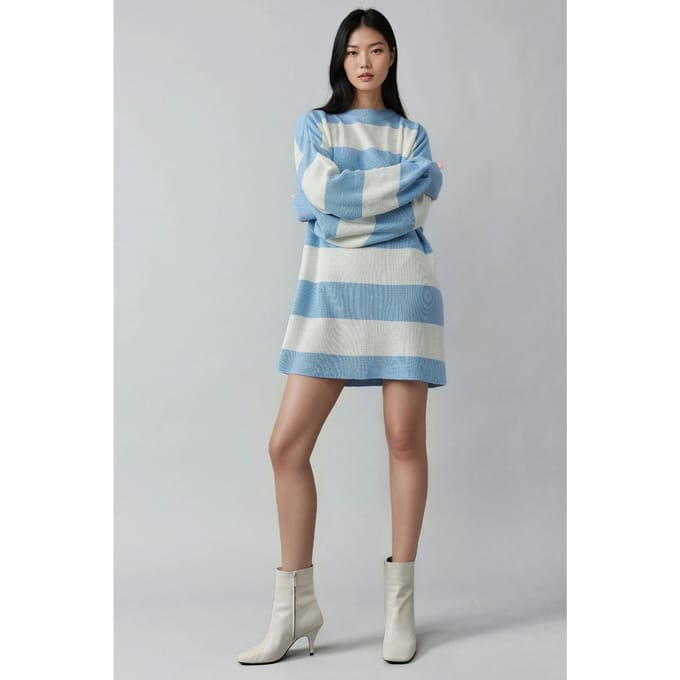 Gestreepte Mini-jurk met Ronde Hals