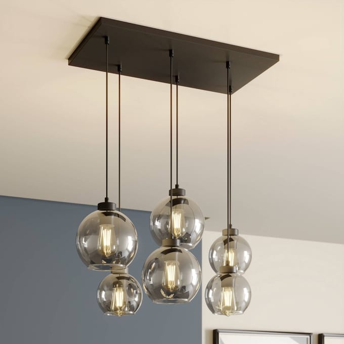 TK Lighting Cubus hanglamp, rookgrijs, glas, 74 cm lang, 6-lamps