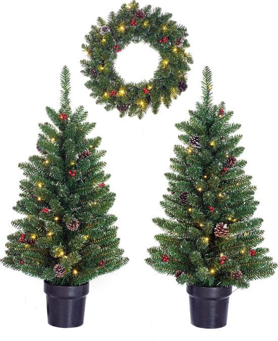 Black Box Trees Creston Kerstboom en Kerstkrans Set - 2 Kunstkerstbomen en 1 Krans met LED Verlichting - Groen