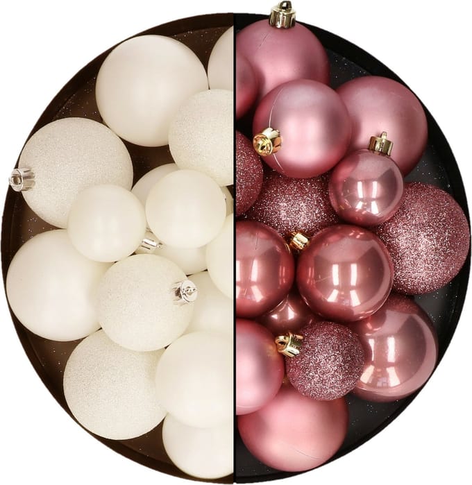 Kerstballen 60x stuks - mix oudroze/wol wit - 4-5-6 cm - kunststof - kerstversiering