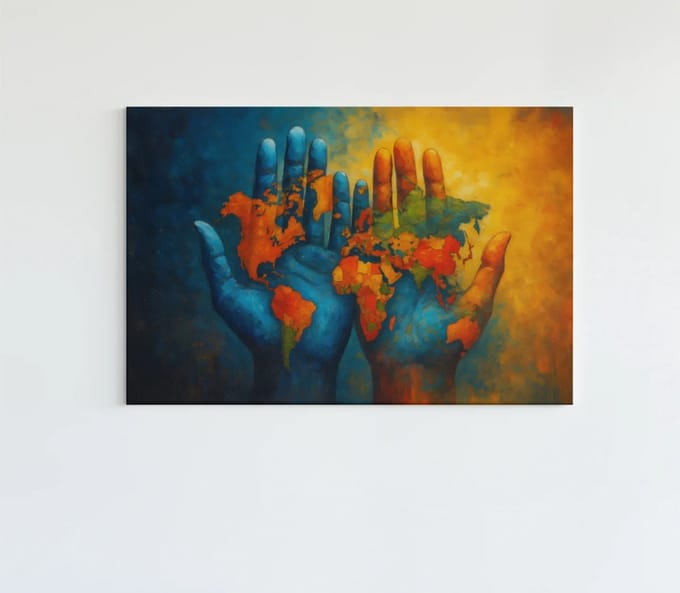 Canvas Schilderij - Wereldkaart op Handen - 90x60x2 cm