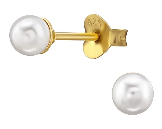 Joy|S - Zilveren parel oorbellen - 4 mm - wit - glas - gold plated