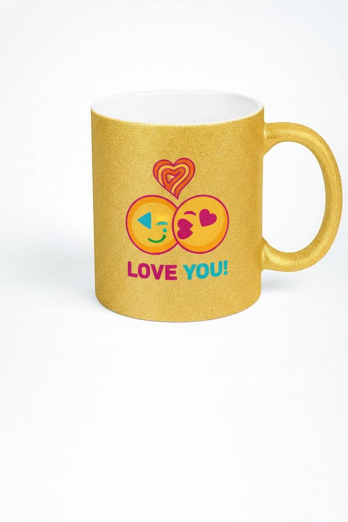 Gouden Glitter Mok Liefde Emoji's 'Love You!' - Romantisch Cadeau Beker