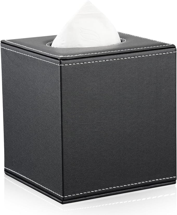 Elegante vierkante leren tissueboxhouder in zwart voor stijlvolle opberging van tissues