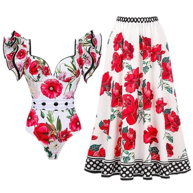 Nieuw Sexy Eendelig Badpak Dames Bedrukt Tweedelig Chiffon Rok Badpak Set M red