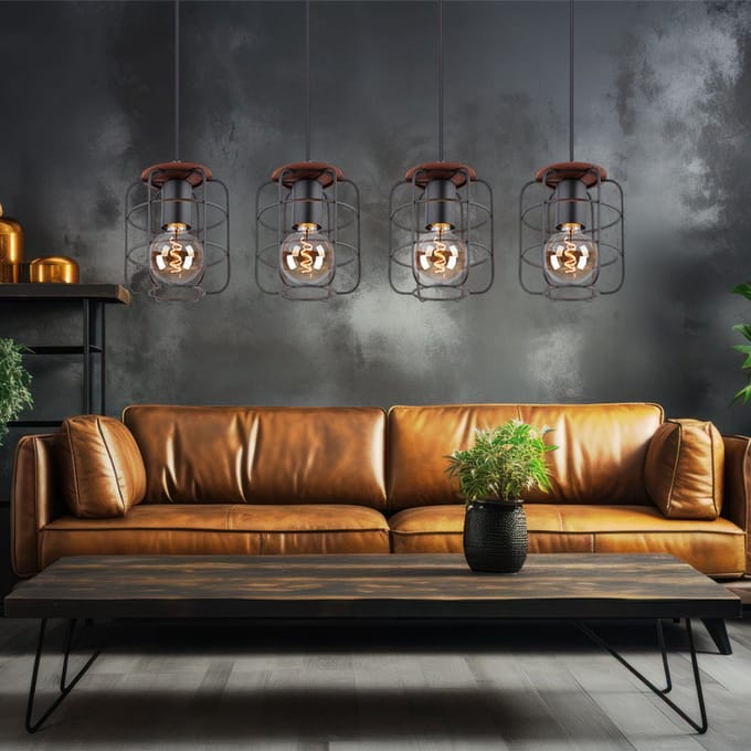 4-lichts hanglamp met roosterkappen | E27| Zwart | Houten paneel