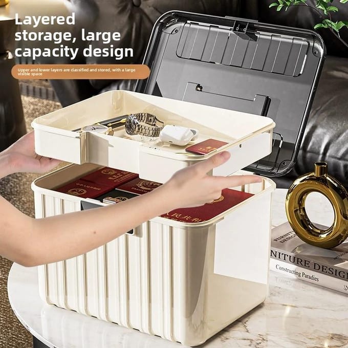 Opbergkist met veiligheidsslot, dubbellaagse organizer voor documenten en sieraden beige