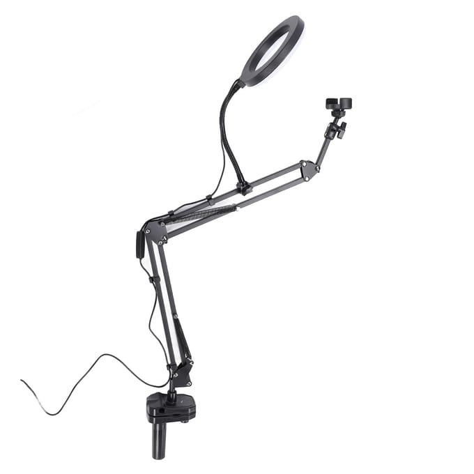 Selfie Ringlicht 3 Kleurtemperatuur Intrekbare Arm Overhead Ringlicht met Klem Telefoonhouder