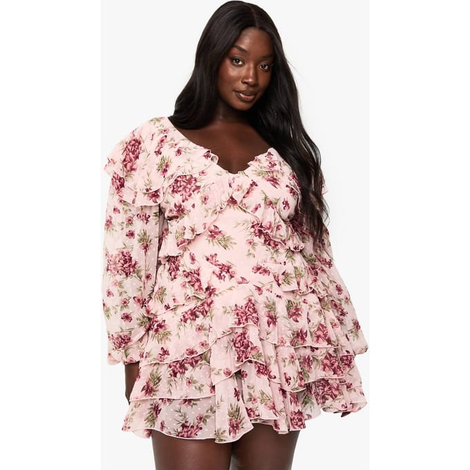 boohoo Dames PLUS FLORALE CHIFFON MINI-JURK MET RUCHES | Roze | Maat: 46