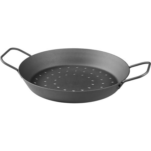 GRILLMEISTER Ø 32 IJzeren grillpan / Ø 28,5 IJzeren grillpan met geperforeerde bodem / Ø 20 IJzeren grillpan met serveerplank (Ø28 cm met gaten)