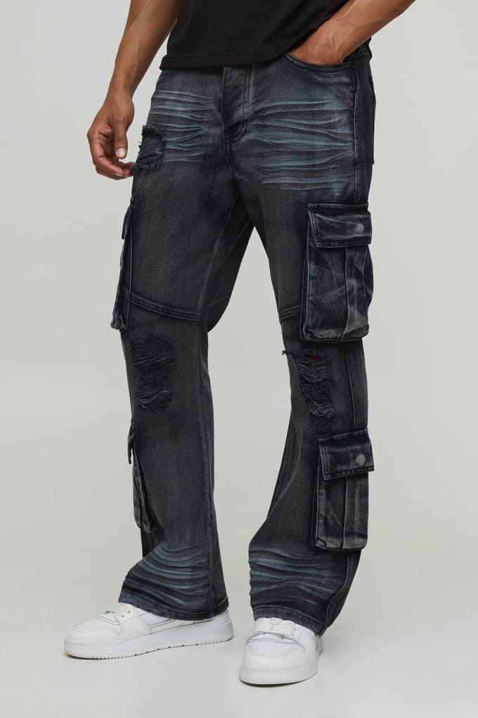 Crease Wash Slim Flare Cargo Jeans | Charcoal | Size 46R