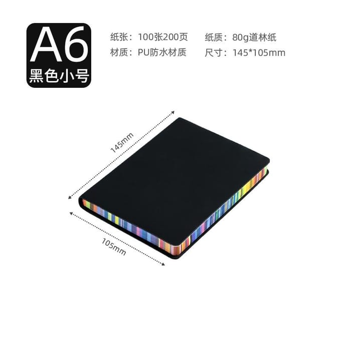 1 carnet de notes A6 avec couverture en cuir souple et bords arc-en-ciel avec 100 feuilles pour bureau, école, étudiant, réunion, journal de bureau noir