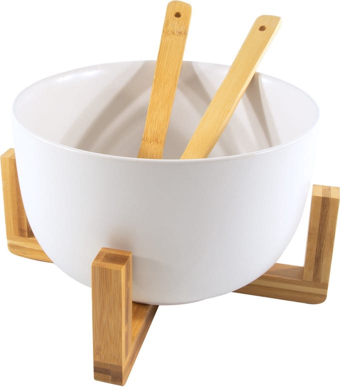 Secret de Gourmet saladeschaal/kom op standaard - met couvert - bamboe - wit - D30 x 17 cm