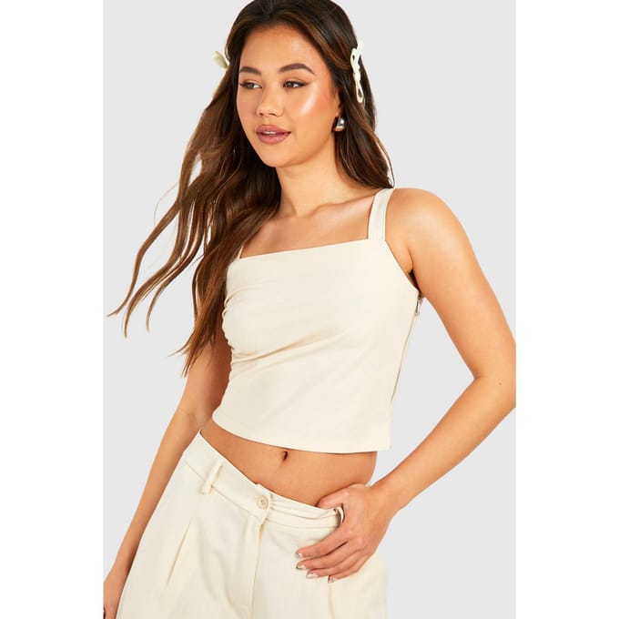 boohoo Dames Pinstripe Drape Shoulder Square Neck Top | Zand | Maat: 44