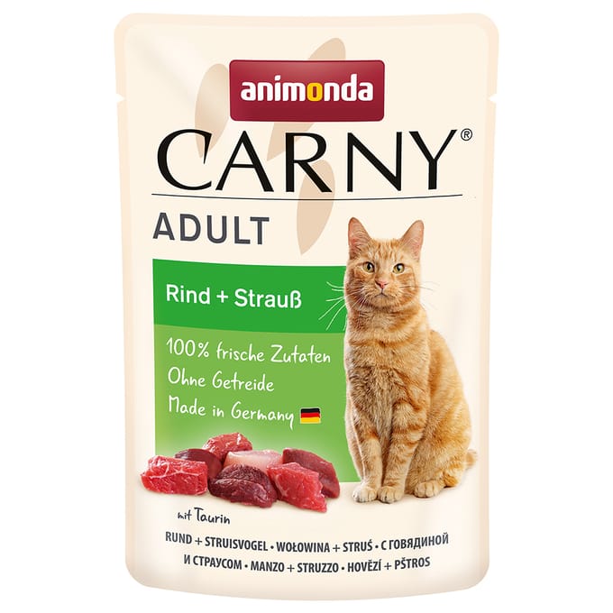 12x85g Maaltijdzakjes Rund + Struisvogel Animonda Carny Kattenvoer