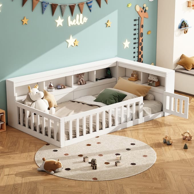 MODFU Bedframe 90x200 cm – Daybed met stopcontact, USB en opbergvak – Wit – Van spaanplaat en MDF