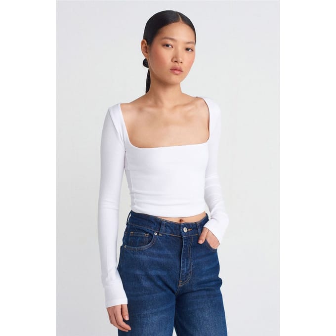 Dames Rechte Cropped Blouse met Vierkante Hals en Uitsparingen