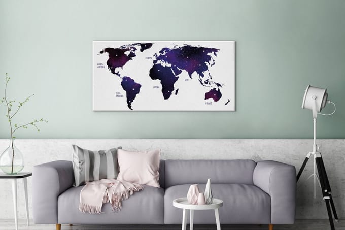 Wereldkaart Paars Galaxy canvas | Wereldkaart Canvas Schilderij 100x50 cm