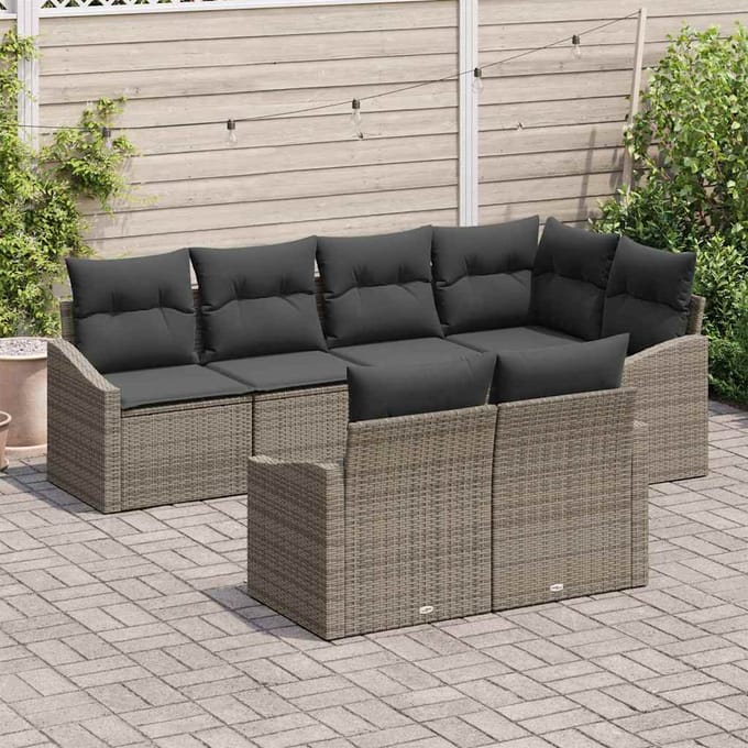 vidaXL Tuinbank Set met kussen met opslag 7 pcs Grijs poly rattan