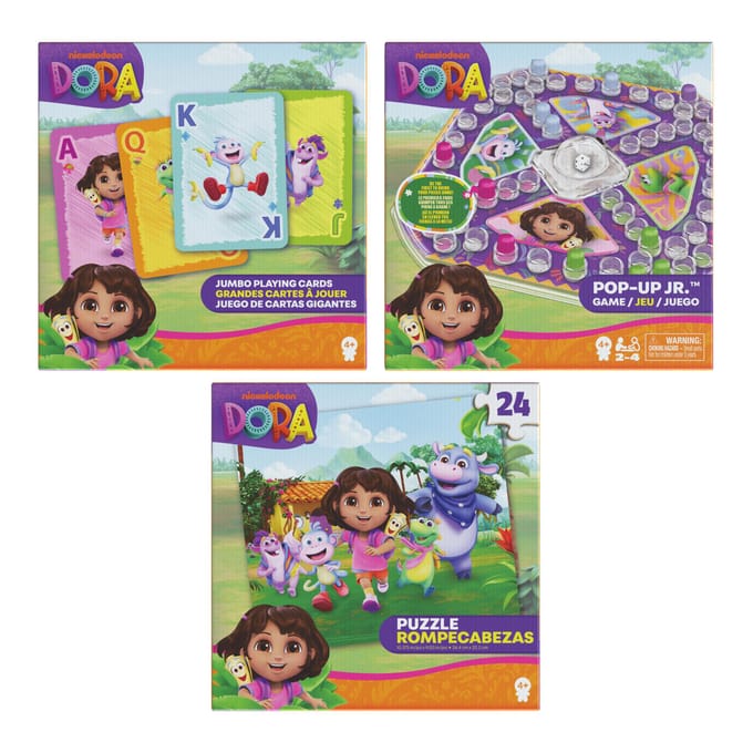 Spin Master Dora spellen en puzzel pakket met kaartspel en pop-up spel.