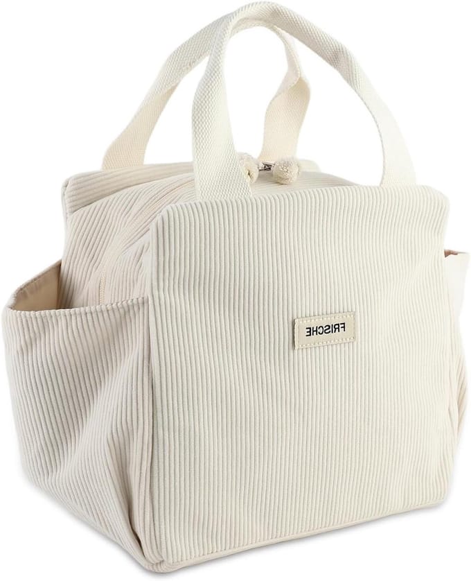 Lunchtas kleine koeltas dames - ribfluweel - grote capaciteit - picknick werk school - beige