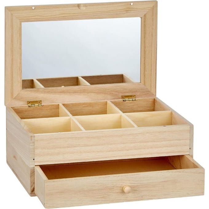 Artemio sieradendoos met 6 vakken, van hout, met spiegel en lade, beige