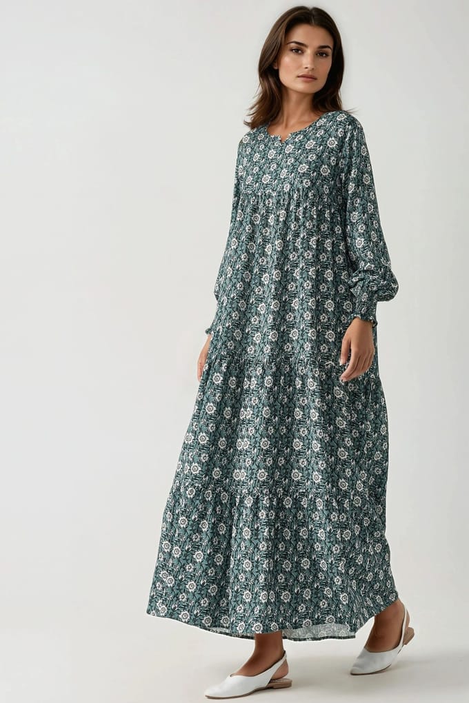 Geprinte Crew Neck Viscose Maxi Jurk