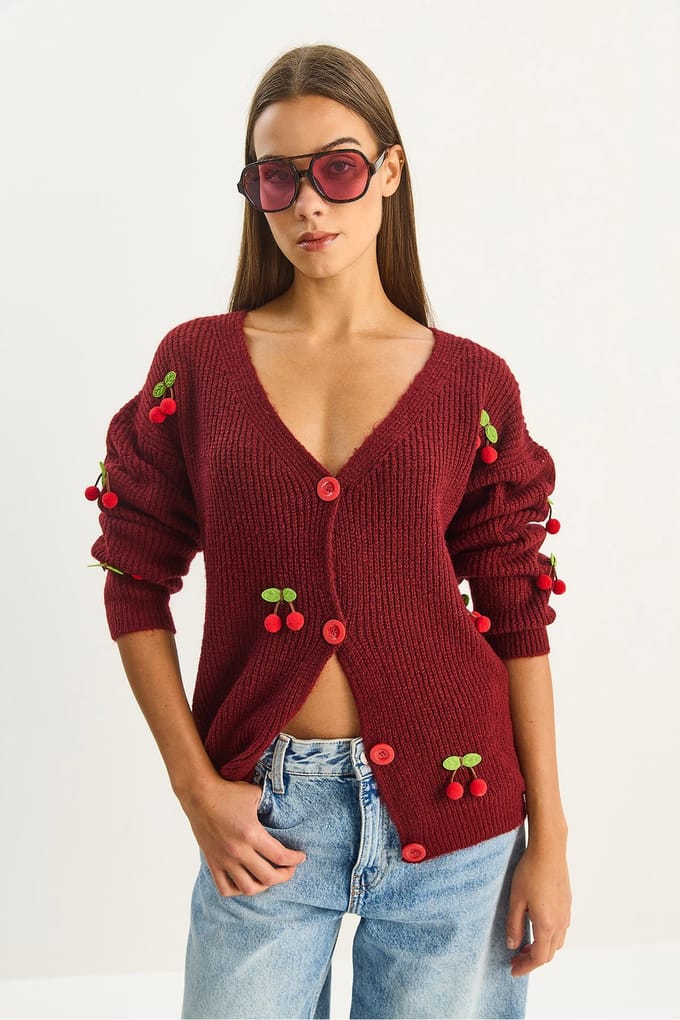 V-hals Fruit Geborduurde Breisel Cardigan