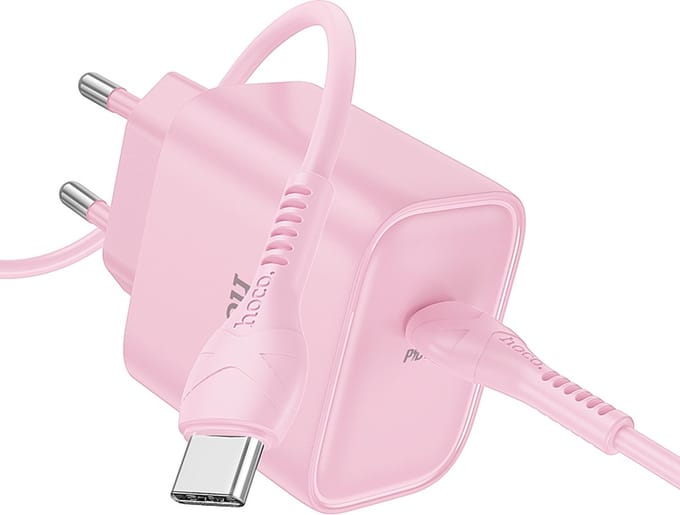 Hoco 25W Type C Snellader & Kabel - Roze - USB-C naar USB-C Kabel (2 Meter) & Stekker - Snelle Oplader Geschikt voor telefoon en tablet