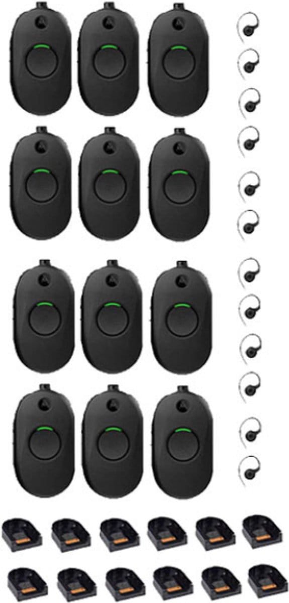 Set van 12 Motorola CLP446E Mini Portofoons met oortje en tafelladers