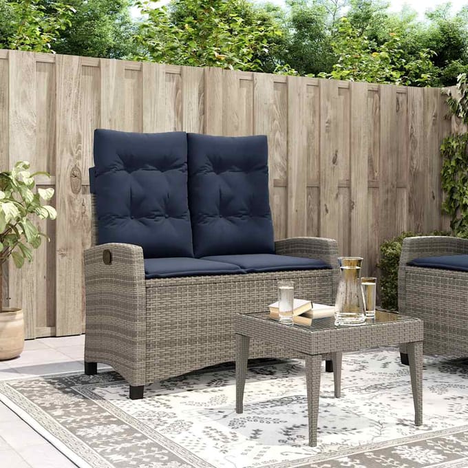 vidaXL - Tuinbankje - verstelbaar - met - kussens - poly - rattan - grijs