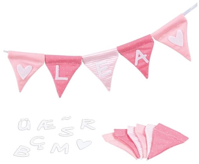 Goki Fabric Bunting Make Pink with 10 Flags and Alphabet Characters