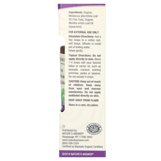 Nature'S Answer, Organic Essential Oil Blend, 100% Pure Tea Tree & Spearmint, 15 Ml (0.5 Fl Oz)