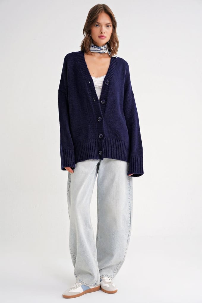 Geknoopte V-hals Ribbels Brei Cardigan