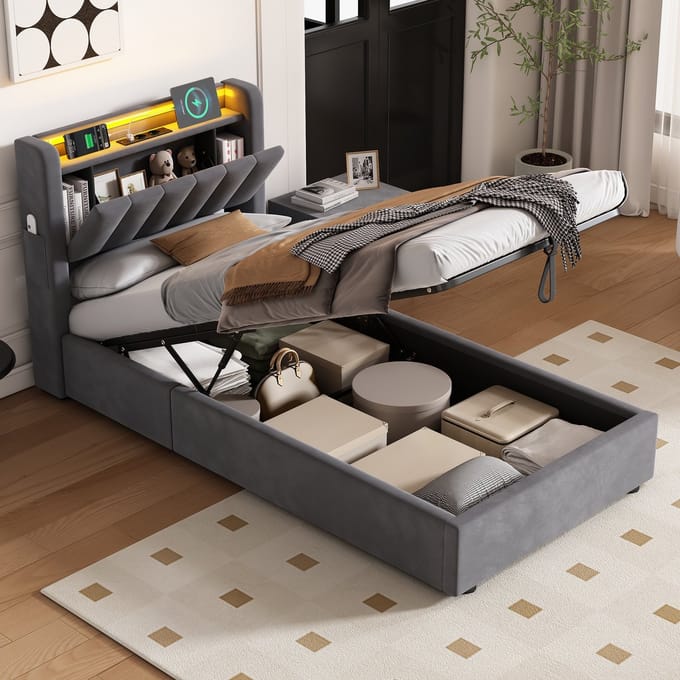 MIVRAY Eenpersoonsbed Met LED 90x200 - Gestoffeerd Bed Met Opbergruimte - Fluweel - Donkergrijs