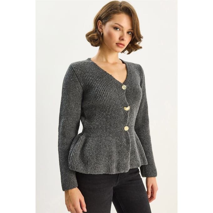 Geribde Lange Mouwen V-Hals Cardigan met Knopen