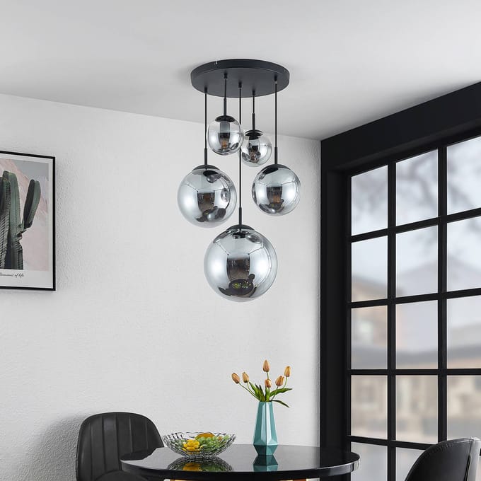 Lindby - hanglamp - 5lichts - Glas, staal - H: 30 cm - E27 - rookgrijs, zwart