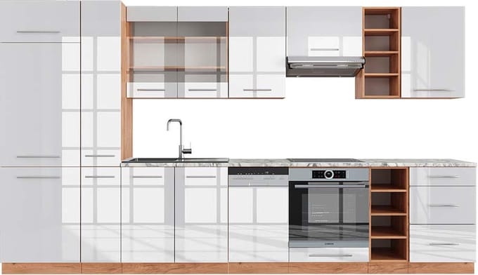 Vicco Fame-Line Complete keukeneenheid – 355 cm, WB Marmer Wit hoogglans/goud power eiken
