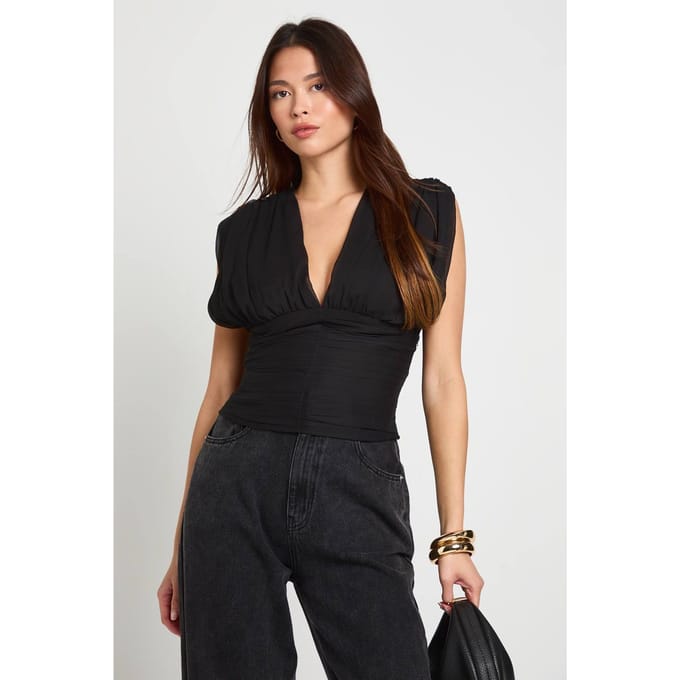 boohoo Dames Geplooide chiffon top met diepe V-hals | Black | Maat: 6