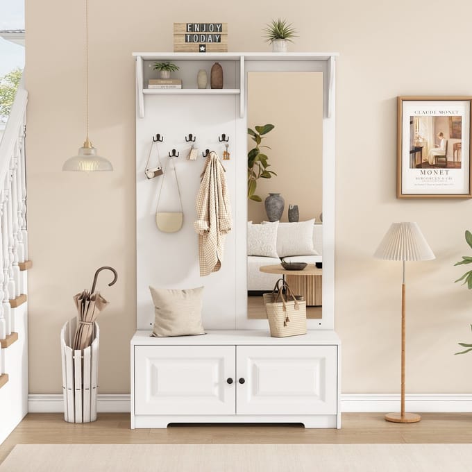 REDOM - Halgarderobe - Met Spiegel En 5 Haken - Modern - Voor De Hal - MDF - Wit - 100 X 40 X 180 Cm