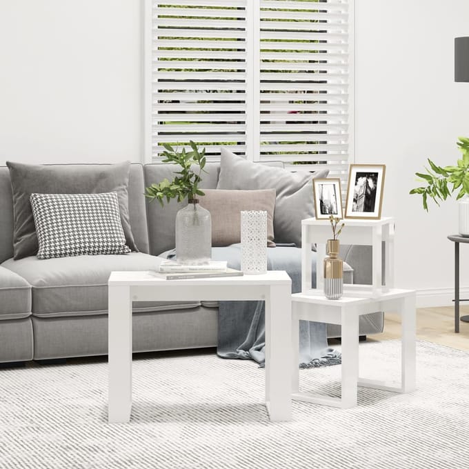 vidaXL - 3-delige - Tafeltjesset - bewerkt - hout - hoogglans - wit