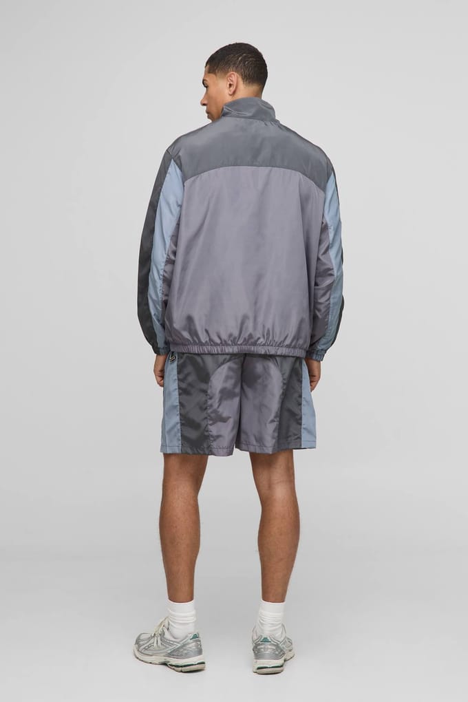 Man Regular Fit Nylon Colour Block Track Jacket | Grey | Size Small