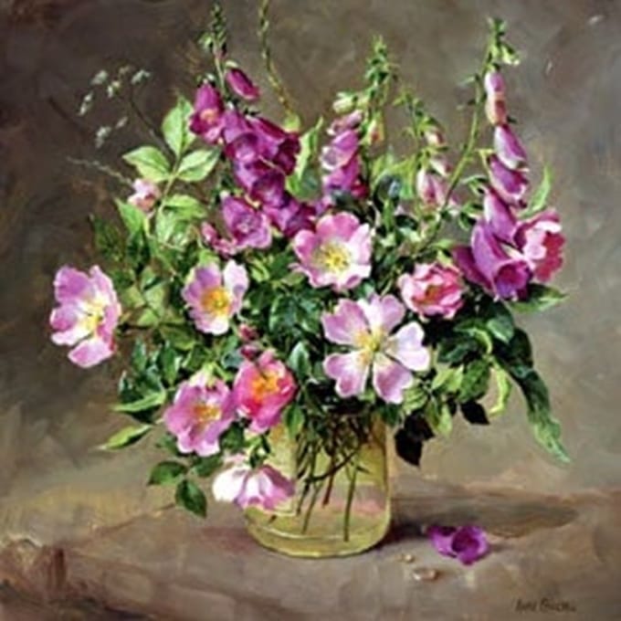 Double card with env. Foxgloves and wild roses 15x15cm